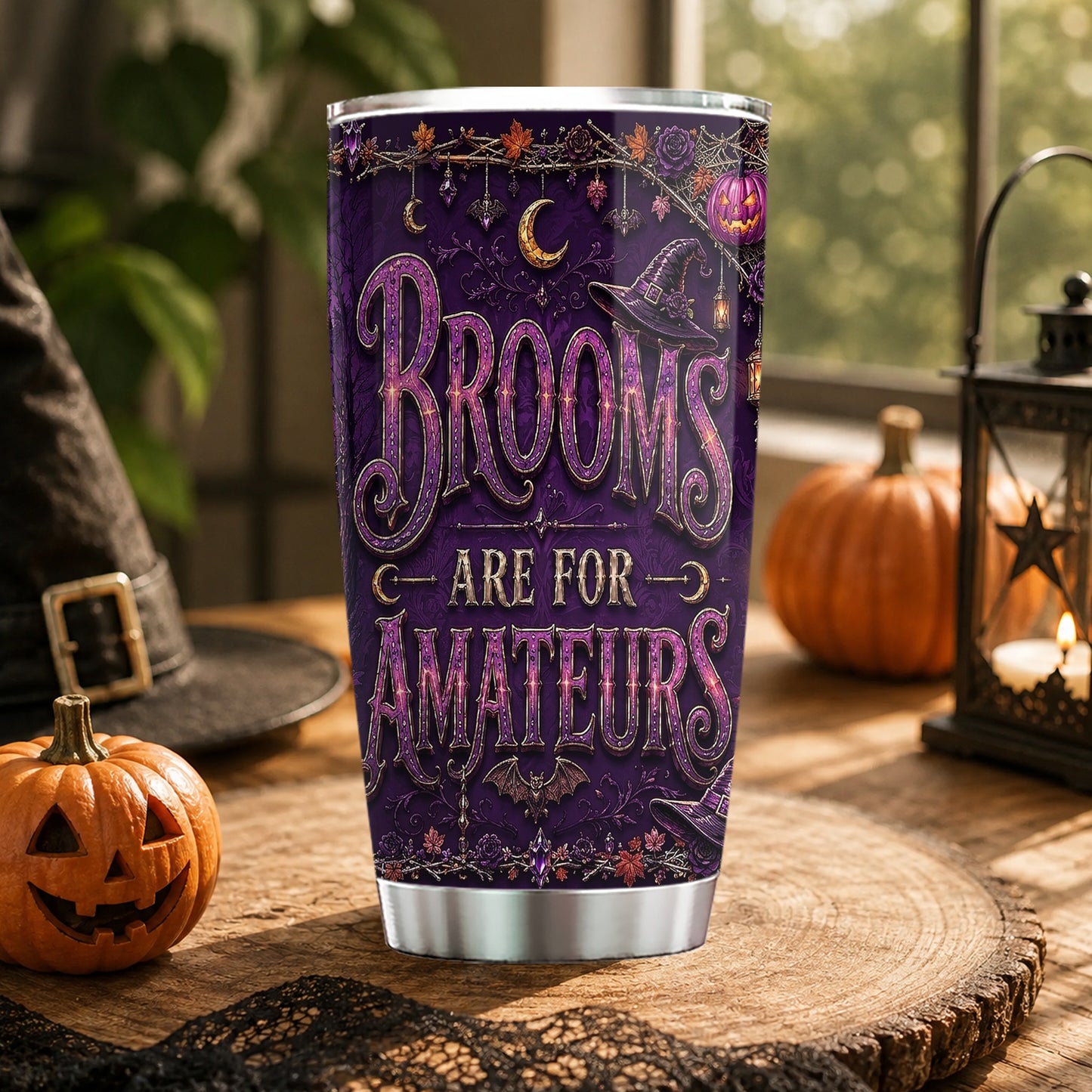Personalized Halloween Witch Motorcycle Tumbler, Brooms Are For Amateurs, Spooky Season Stainless Steel Tumbler, Travel Mug Tumblers Gift For Bikers