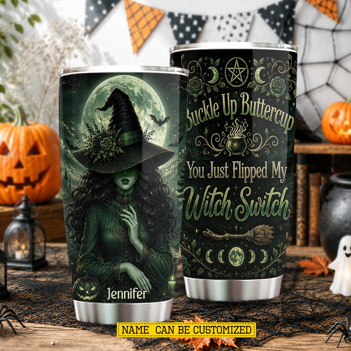 Personalized Halloween Witch Tumbler, Buckle Up Buttercup, Spooky Season Stainless Steel Tumbler, Travel Mug Tumblers Gift For Witch Lover
