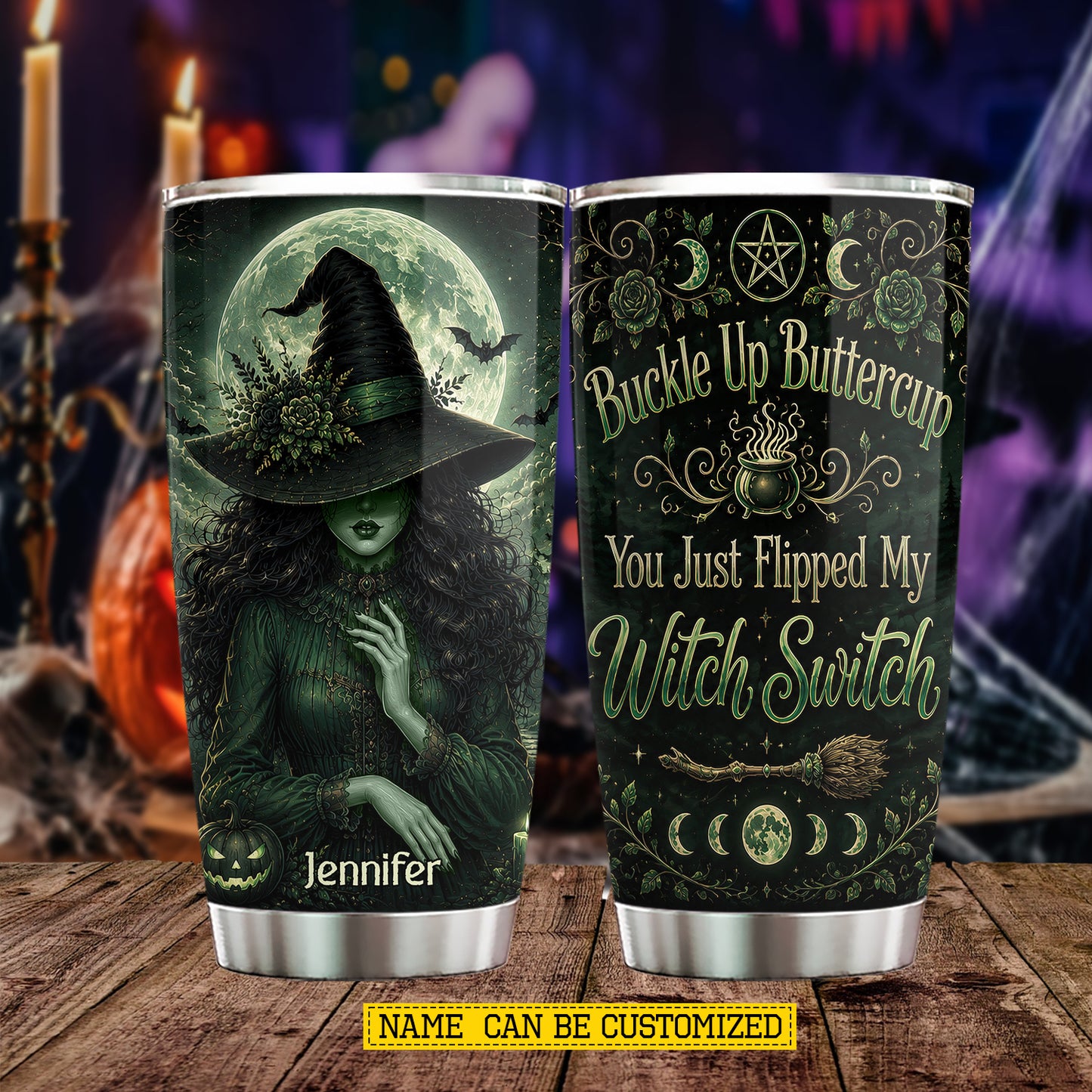 Personalized Halloween Witch Tumbler, Buckle Up Buttercup, Spooky Season Stainless Steel Tumbler, Travel Mug Tumblers Gift For Witch Lover