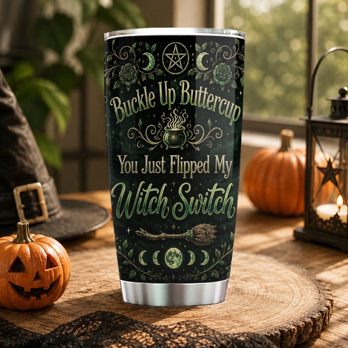 Personalized Halloween Witch Tumbler, Buckle Up Buttercup, Spooky Season Stainless Steel Tumbler, Travel Mug Tumblers Gift For Witch Lover