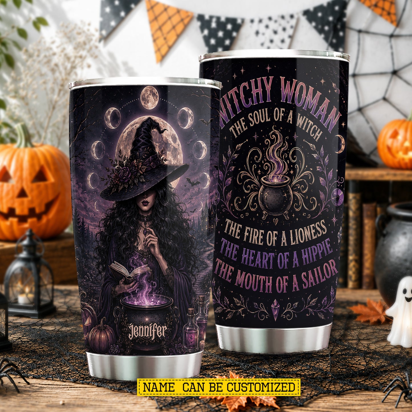 Personalized Halloween Witch Tumbler, Witchy Woman With The Soul Of A Witch, Spooky Season Stainless Steel Tumbler, Travel Mug Tumblers Gift For Witch Lover