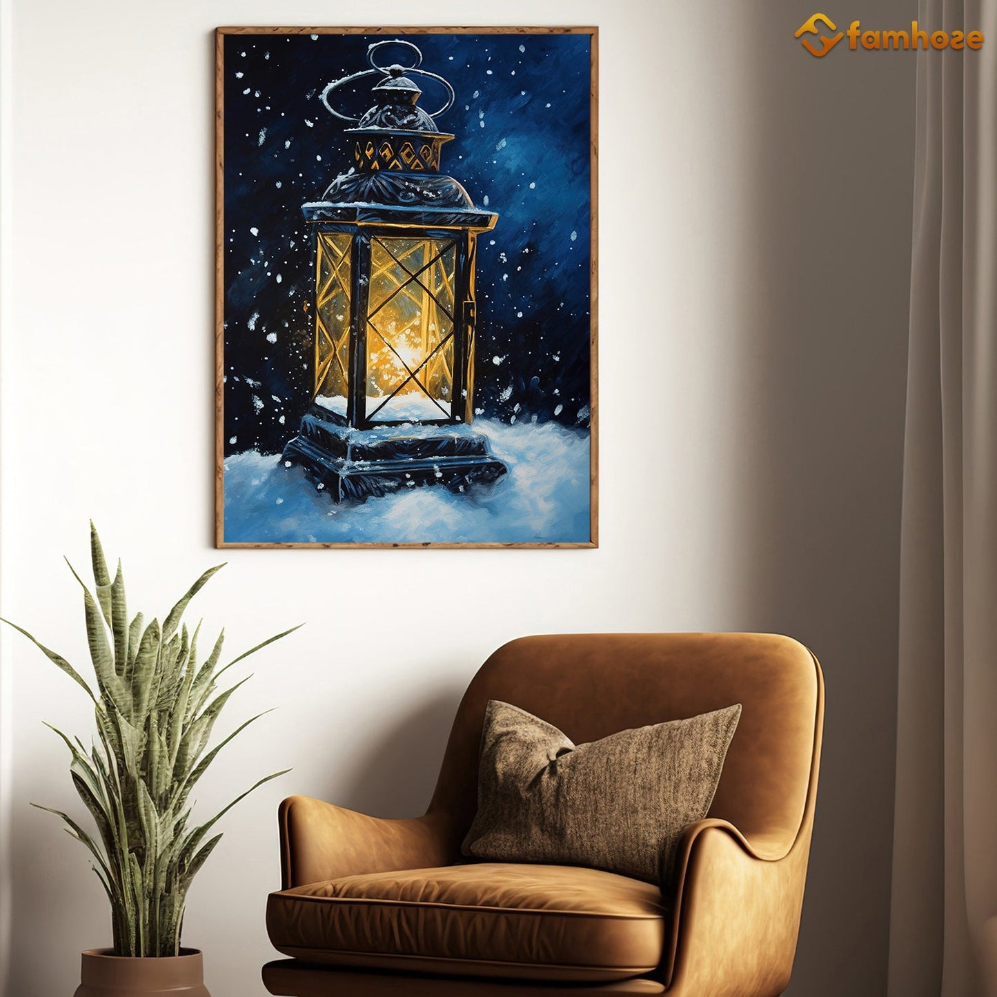 Winter's Glow Lantern Amidst the Snowfall Christmas Canvas Painting, Xmas Wall Art Decor - Christmas Poster Gift