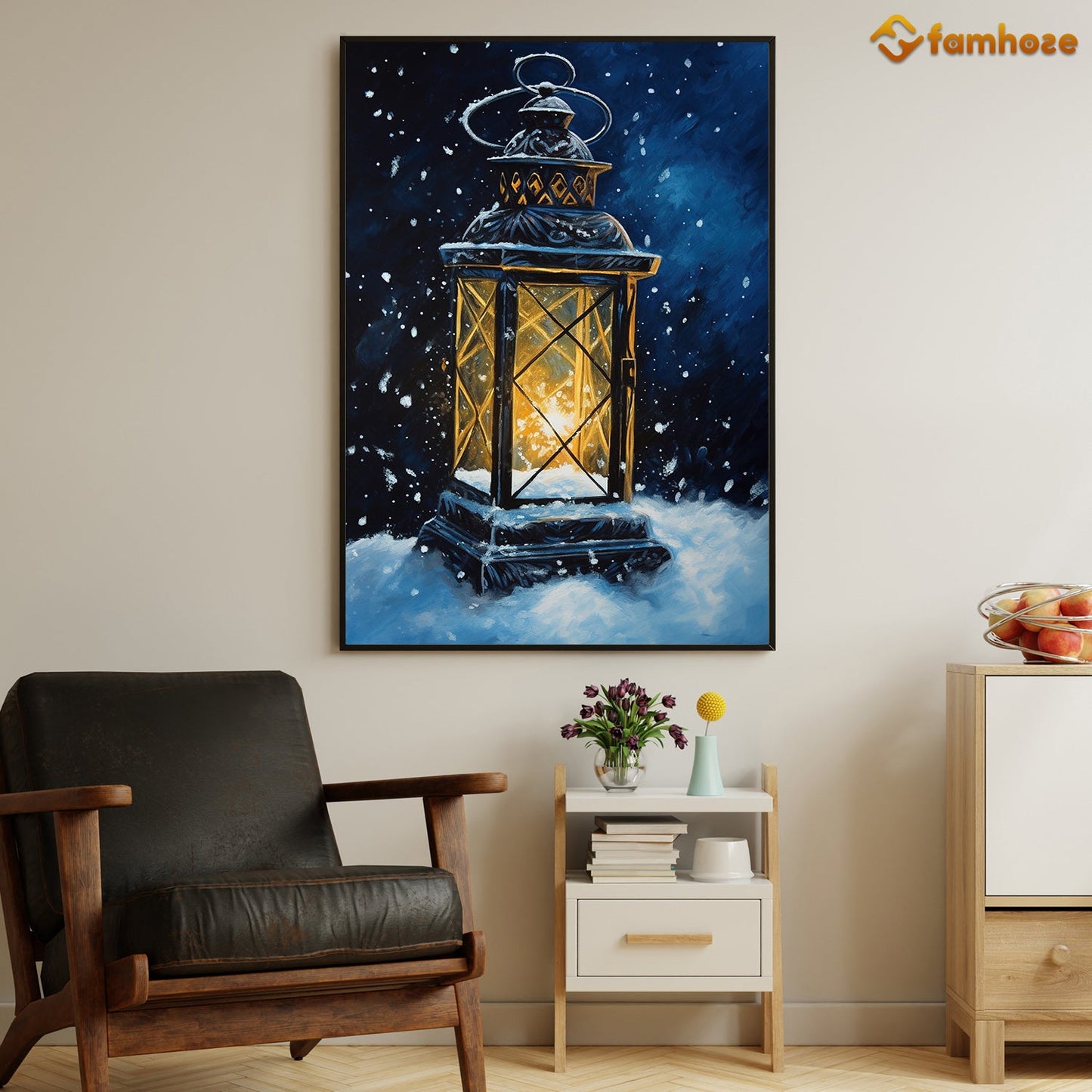 Winter's Glow Lantern Amidst the Snowfall Christmas Canvas Painting, Xmas Wall Art Decor - Christmas Poster Gift