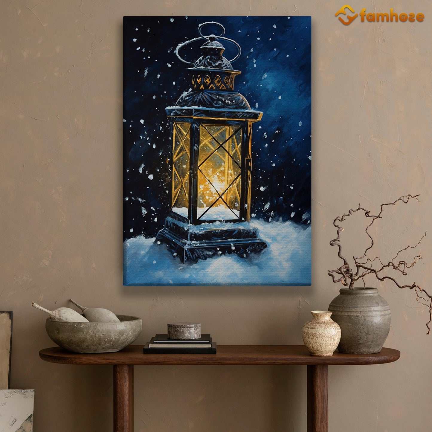 Winter's Glow Lantern Amidst the Snowfall Christmas Canvas Painting, Xmas Wall Art Decor - Christmas Poster Gift