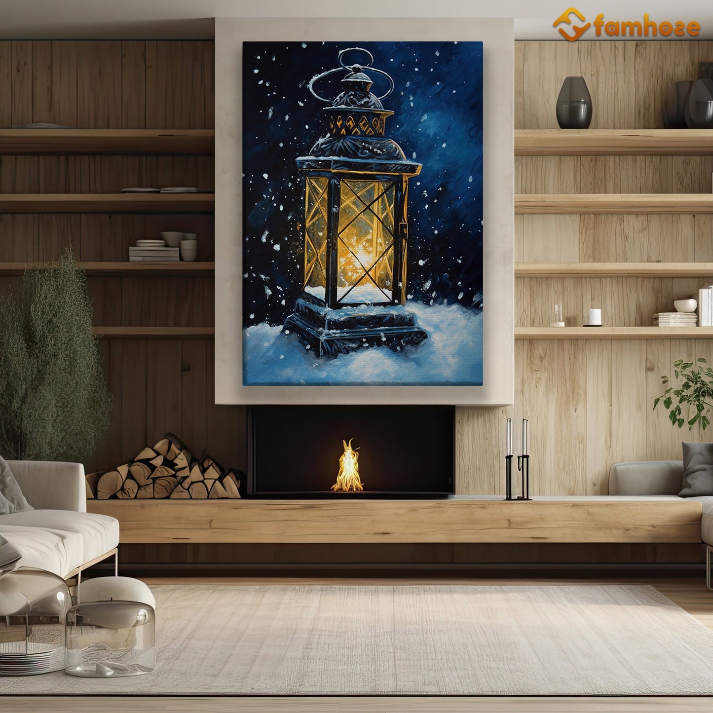 Winter's Glow Lantern Amidst the Snowfall Christmas Canvas Painting, Xmas Wall Art Decor - Christmas Poster Gift