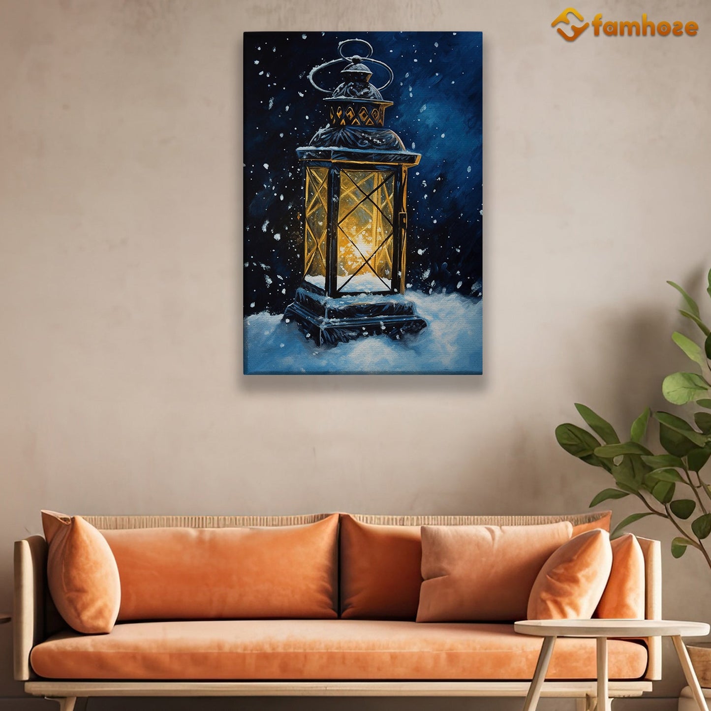 Winter's Glow Lantern Amidst the Snowfall Christmas Canvas Painting, Xmas Wall Art Decor - Christmas Poster Gift