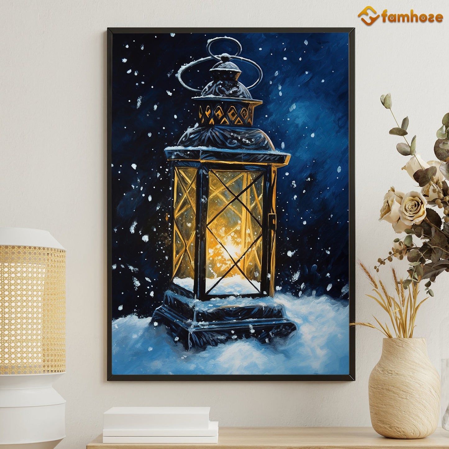 Winter's Glow Lantern Amidst the Snowfall Christmas Canvas Painting, Xmas Wall Art Decor - Christmas Poster Gift