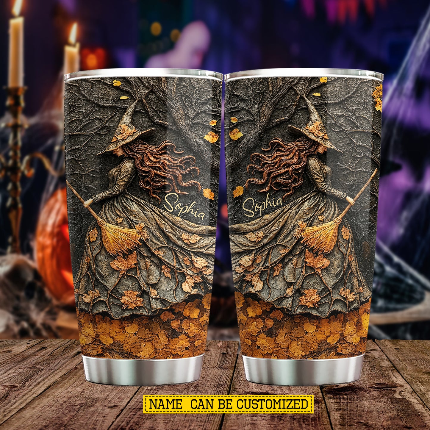 Personalized Halloween Witch Tumbler, Dancing Through Autumn, Spooky Season Stainless Steel Tumbler, Travel Mug Tumblers Gift For Witch Lover