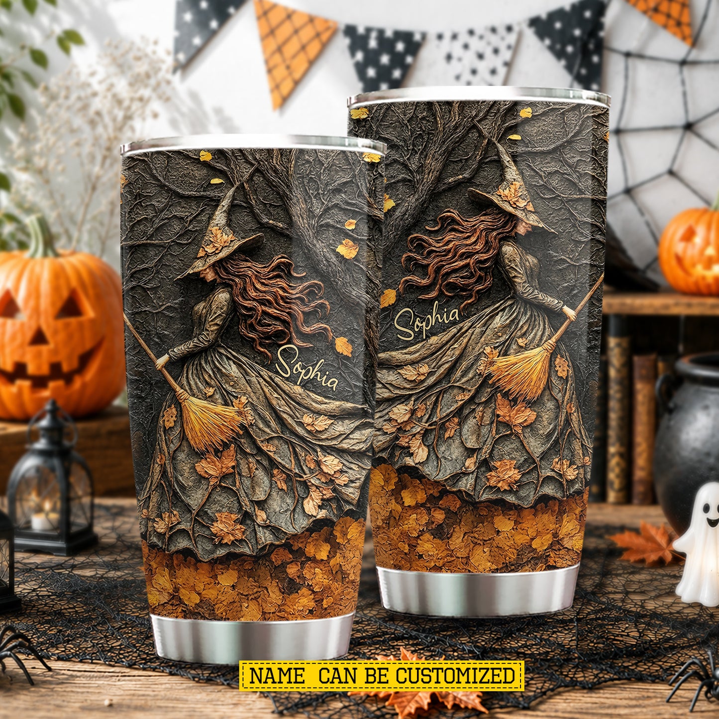 Personalized Halloween Witch Tumbler, Dancing Through Autumn, Spooky Season Stainless Steel Tumbler, Travel Mug Tumblers Gift For Witch Lover