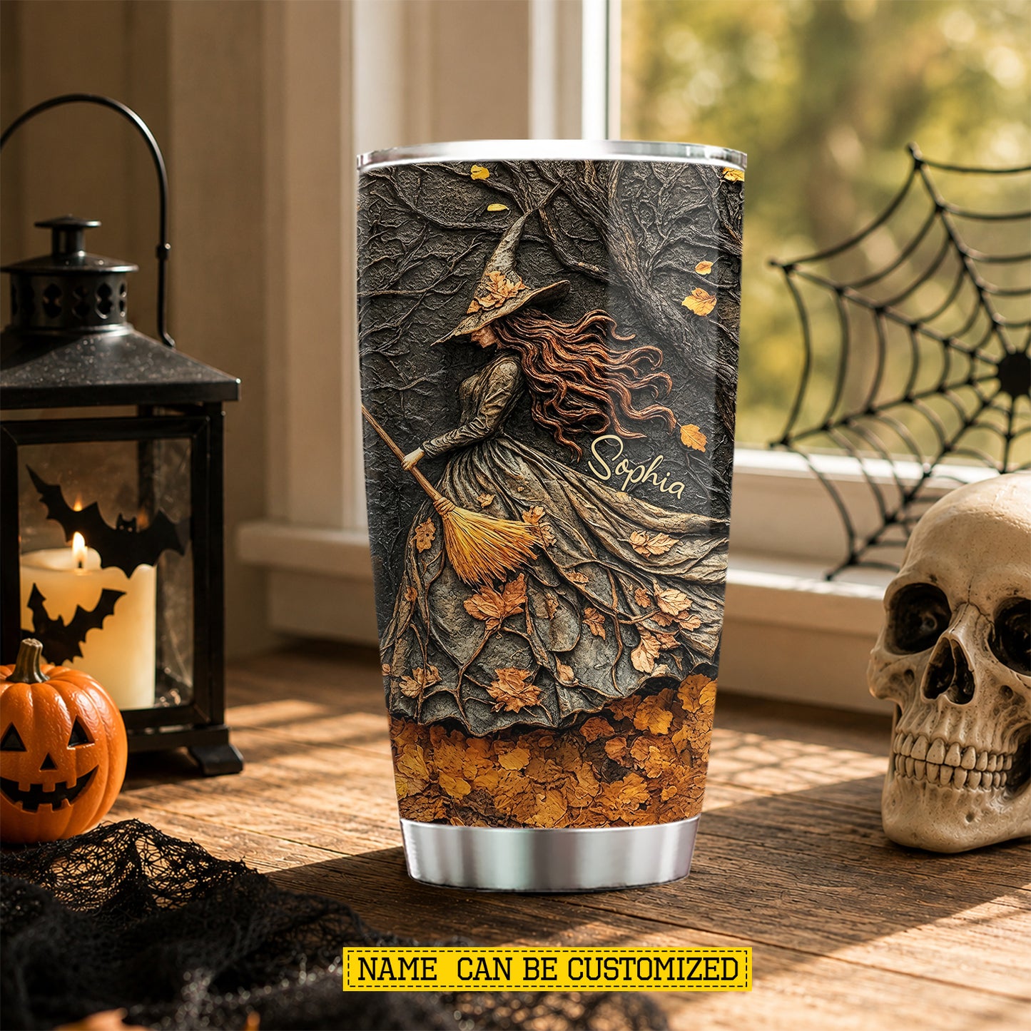 Personalized Halloween Witch Tumbler, Dancing Through Autumn, Spooky Season Stainless Steel Tumbler, Travel Mug Tumblers Gift For Witch Lover