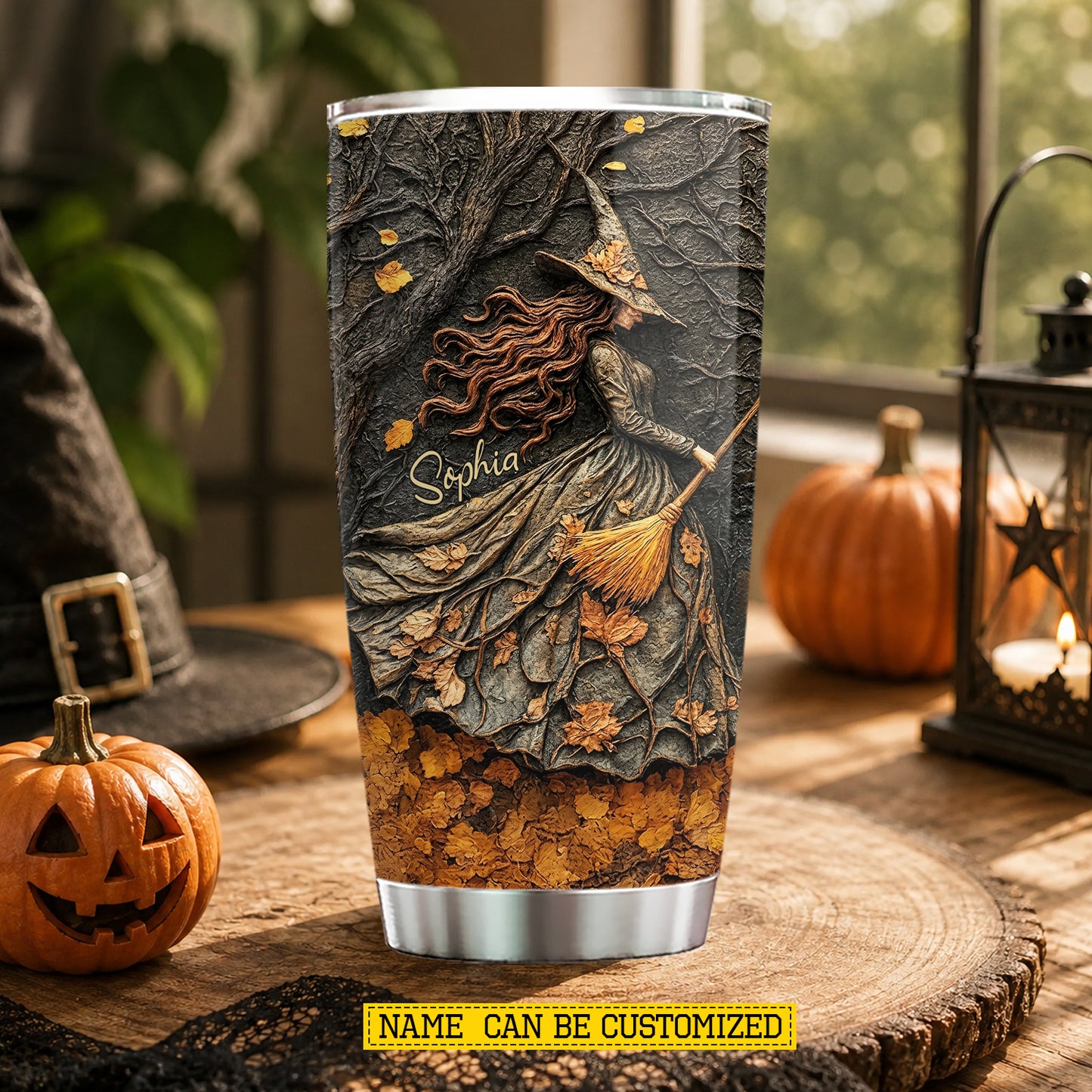 Personalized Halloween Witch Tumbler, Dancing Through Autumn, Spooky Season Stainless Steel Tumbler, Travel Mug Tumblers Gift For Witch Lover