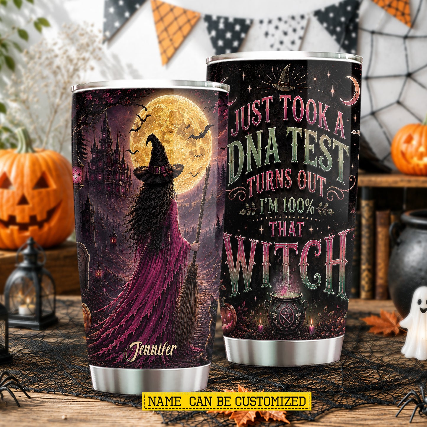 Personalized Halloween Witch Tumbler, DNA Test Confirmed I’m 100%, Spooky Season Stainless Steel Tumbler, Travel Mug Tumblers Gift For Witch Lover