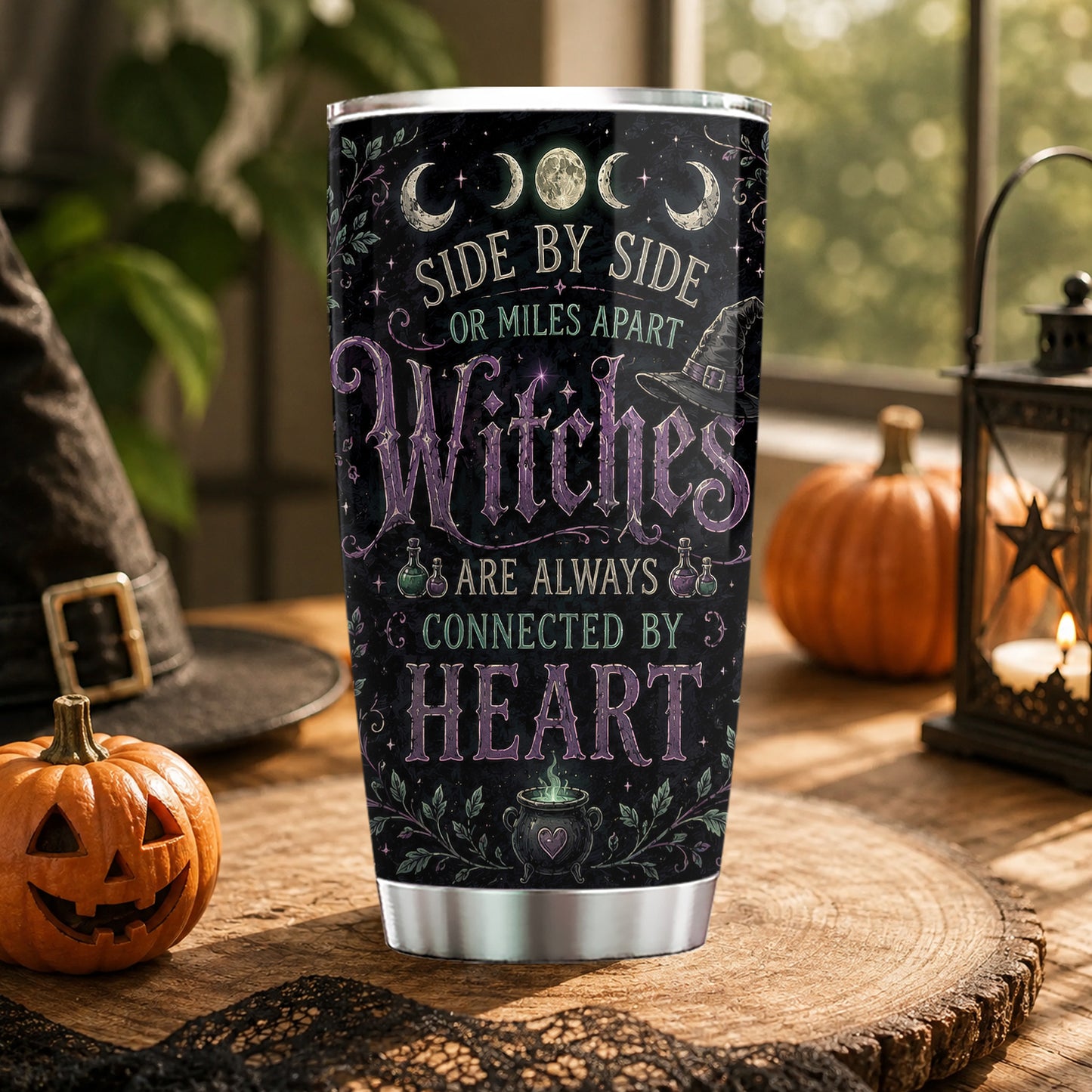 Personalized Halloween Bestie Witch Tumbler, Side By Side Or Miles Apart, Spooky Season Stainless Steel Tumbler, Travel Mug Tumblers Gift For Your Best Friend