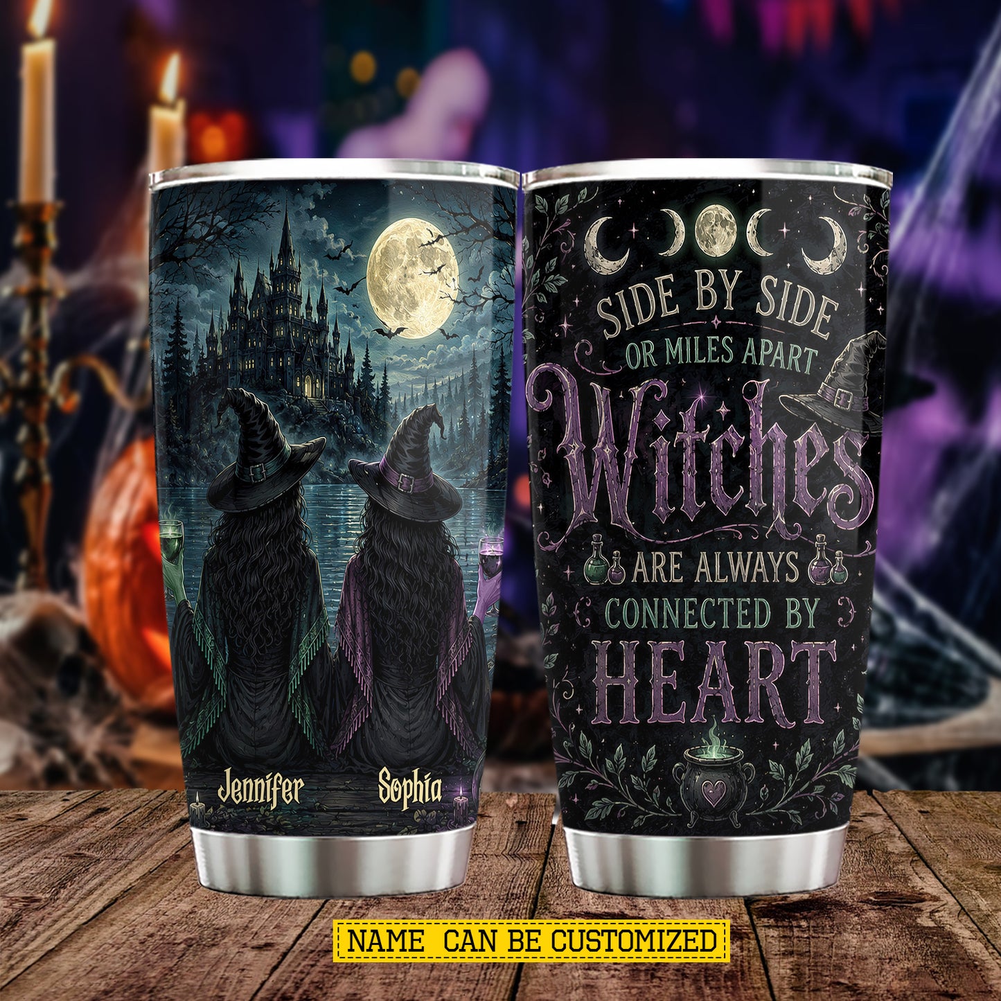 Personalized Halloween Bestie Witch Tumbler, Side By Side Or Miles Apart, Spooky Season Stainless Steel Tumbler, Travel Mug Tumblers Gift For Your Best Friend