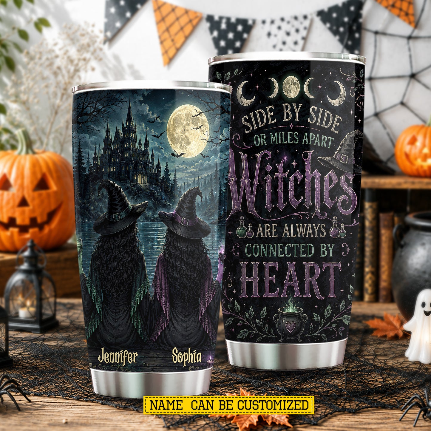 Personalized Halloween Bestie Witch Tumbler, Side By Side Or Miles Apart, Spooky Season Stainless Steel Tumbler, Travel Mug Tumblers Gift For Your Best Friend