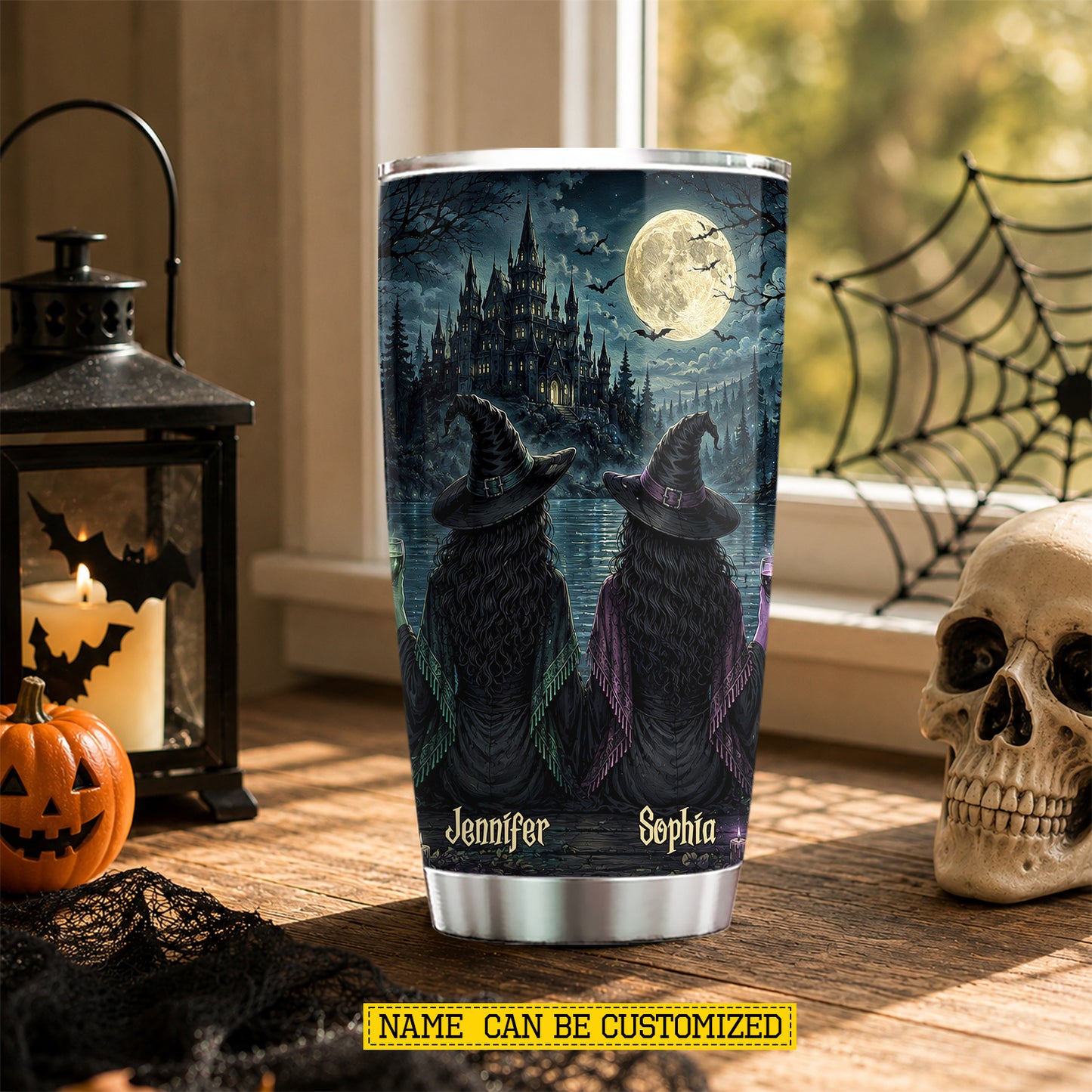 Personalized Halloween Bestie Witch Tumbler, Side By Side Or Miles Apart, Spooky Season Stainless Steel Tumbler, Travel Mug Tumblers Gift For Your Best Friend