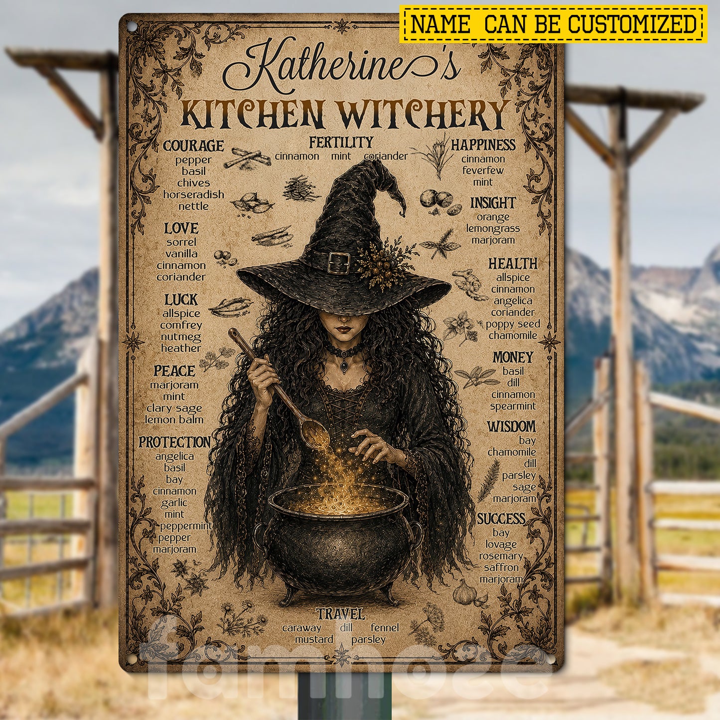 Personalized Halloween Witch Metal Sign, Kitchen Witchery Herbs Yard Sign, House Decor Spooky Season Gift For Witch Lover