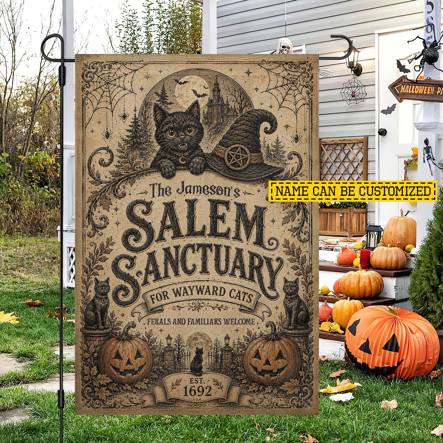 Personalized Halloween Family Cat Garden & House Flag, Salem Sanctuary For Wayward Cats Yard Flag, Spooky Season Gift For Cat Lover