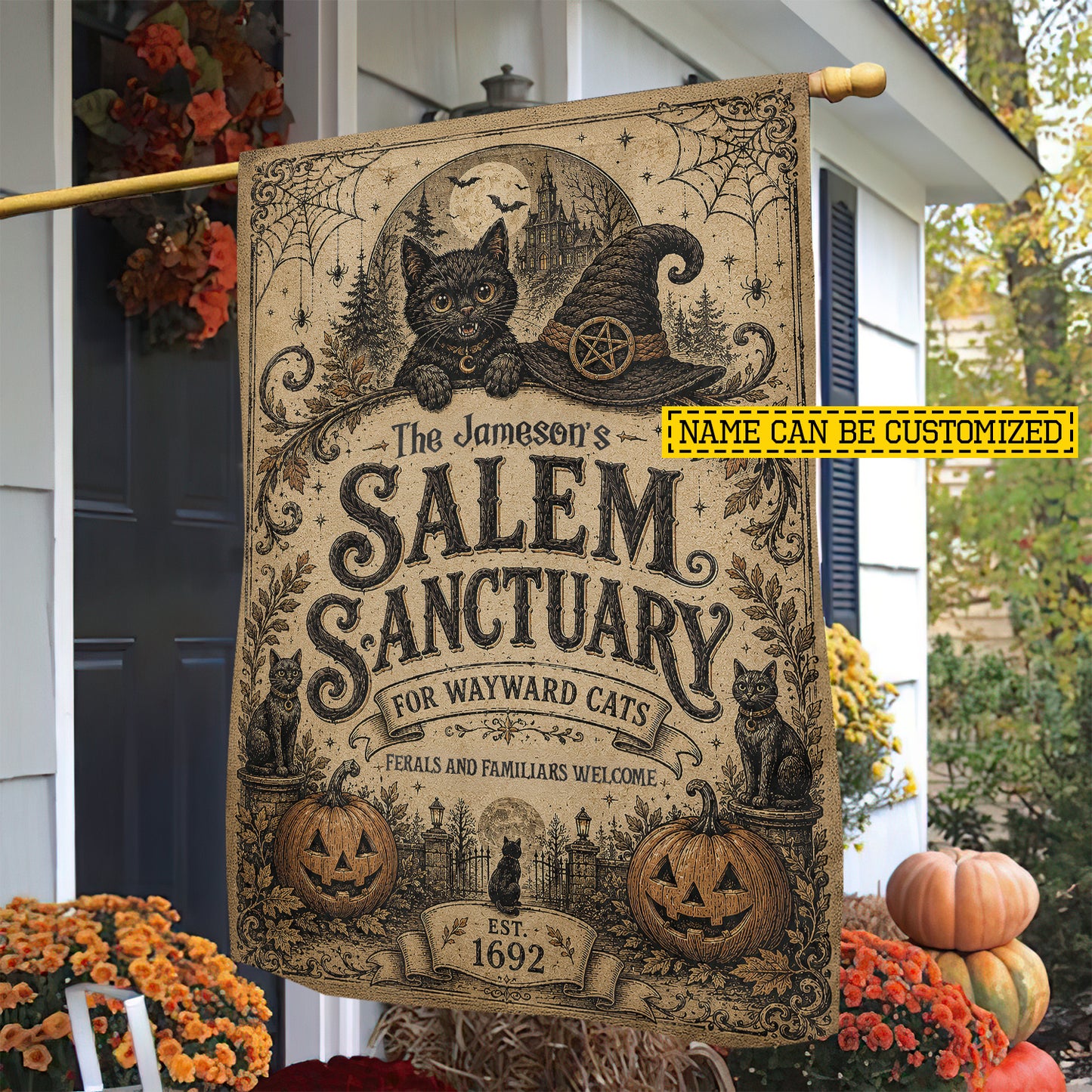 Personalized Halloween Family Cat Garden & House Flag, Salem Sanctuary For Wayward Cats Yard Flag, Spooky Season Gift For Cat Lover