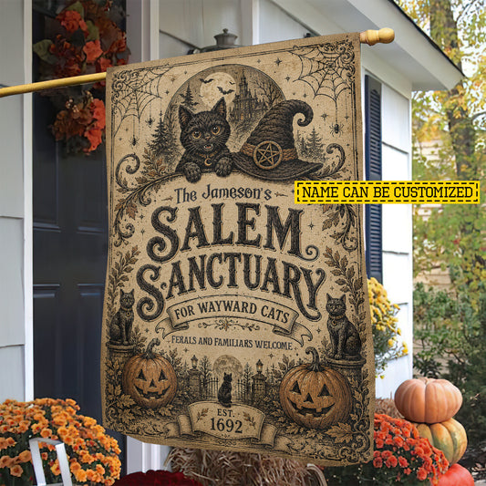 Personalized Halloween Family Cat Garden & House Flag, Salem Sanctuary For Wayward Cats Yard Flag, Spooky Season Gift For Cat Lover