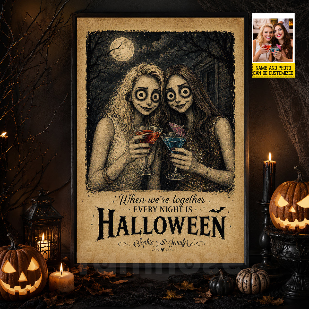 Personalized Halloween Best Friend Canvas Painting, When We’re Together Wall Art Decor, Spooky Season Poster Gift For Your Bestie