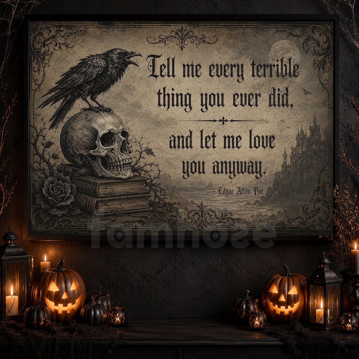 Halloween Edgar Allan Poe Quote Canvas Painting, Tell Me Every Terrible Thing Wall Art Decor, Spooky Season Poster Gift For Raven Lover