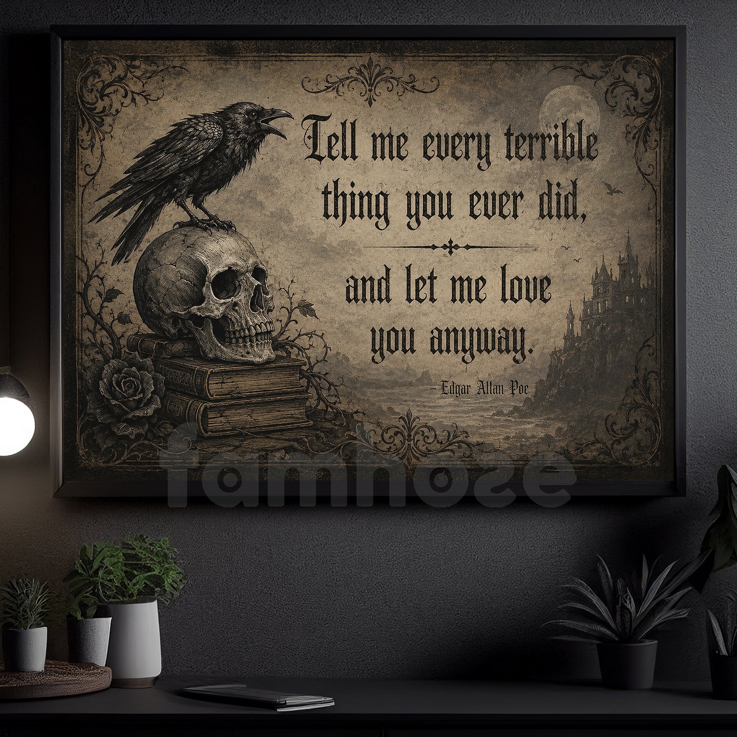 Halloween Edgar Allan Poe Quote Canvas Painting, Tell Me Every Terrible Thing Wall Art Decor, Spooky Season Poster Gift For Raven Lover