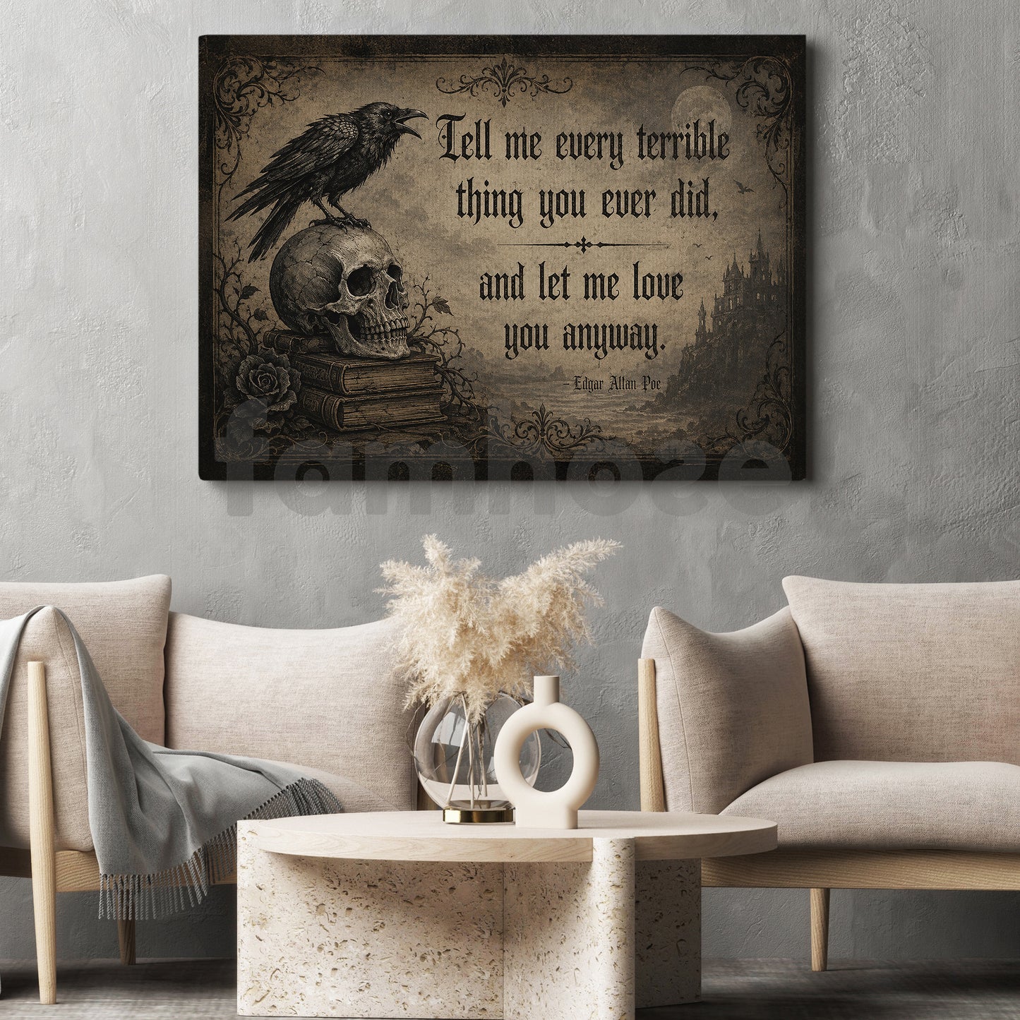Halloween Edgar Allan Poe Quote Canvas Painting, Tell Me Every Terrible Thing Wall Art Decor, Spooky Season Poster Gift For Raven Lover