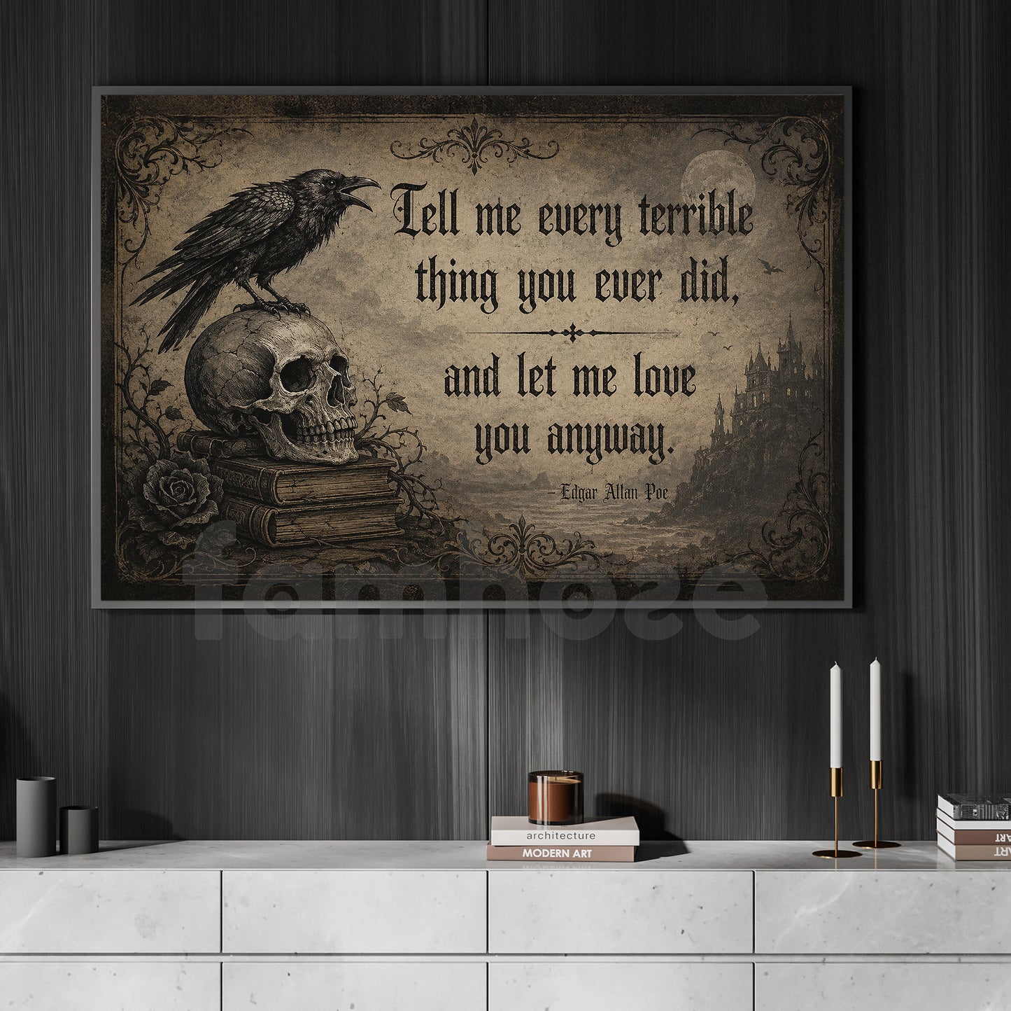 Halloween Edgar Allan Poe Quote Canvas Painting, Tell Me Every Terrible Thing Wall Art Decor, Spooky Season Poster Gift For Raven Lover