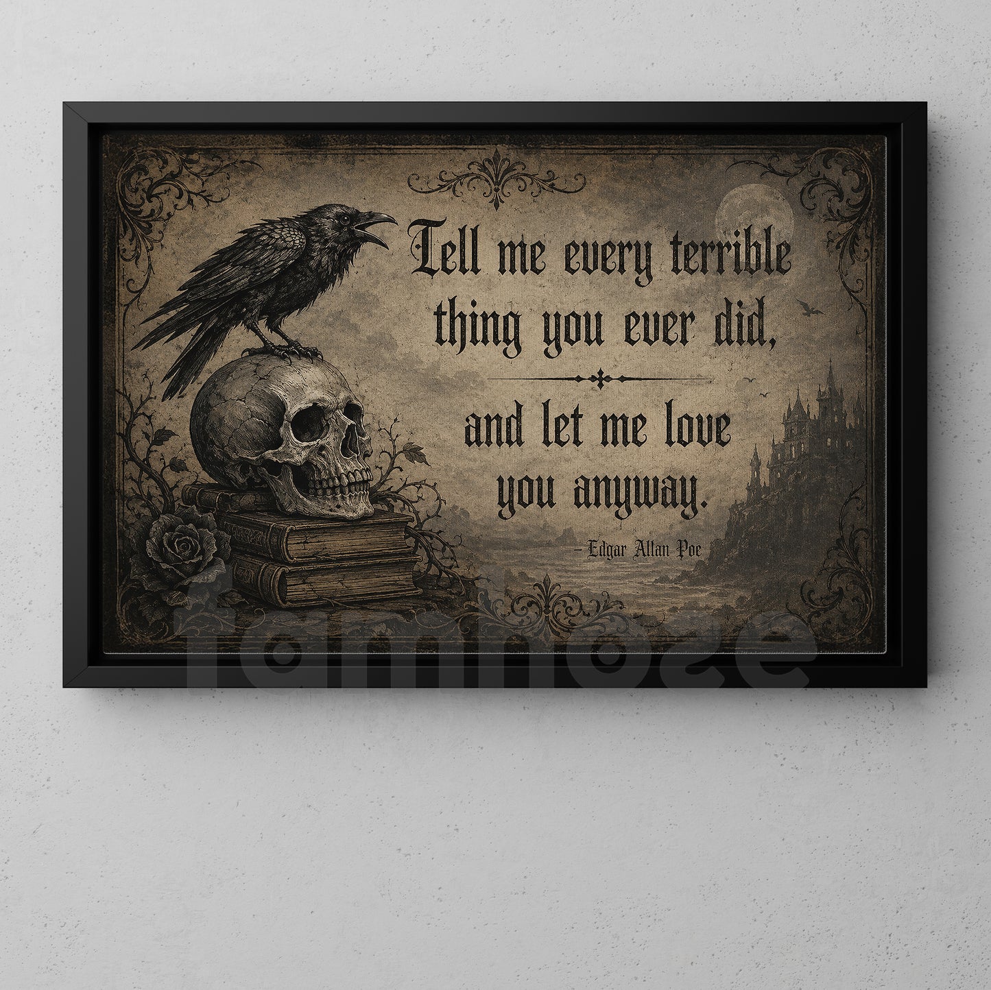 Halloween Edgar Allan Poe Quote Canvas Painting, Tell Me Every Terrible Thing Wall Art Decor, Spooky Season Poster Gift For Raven Lover