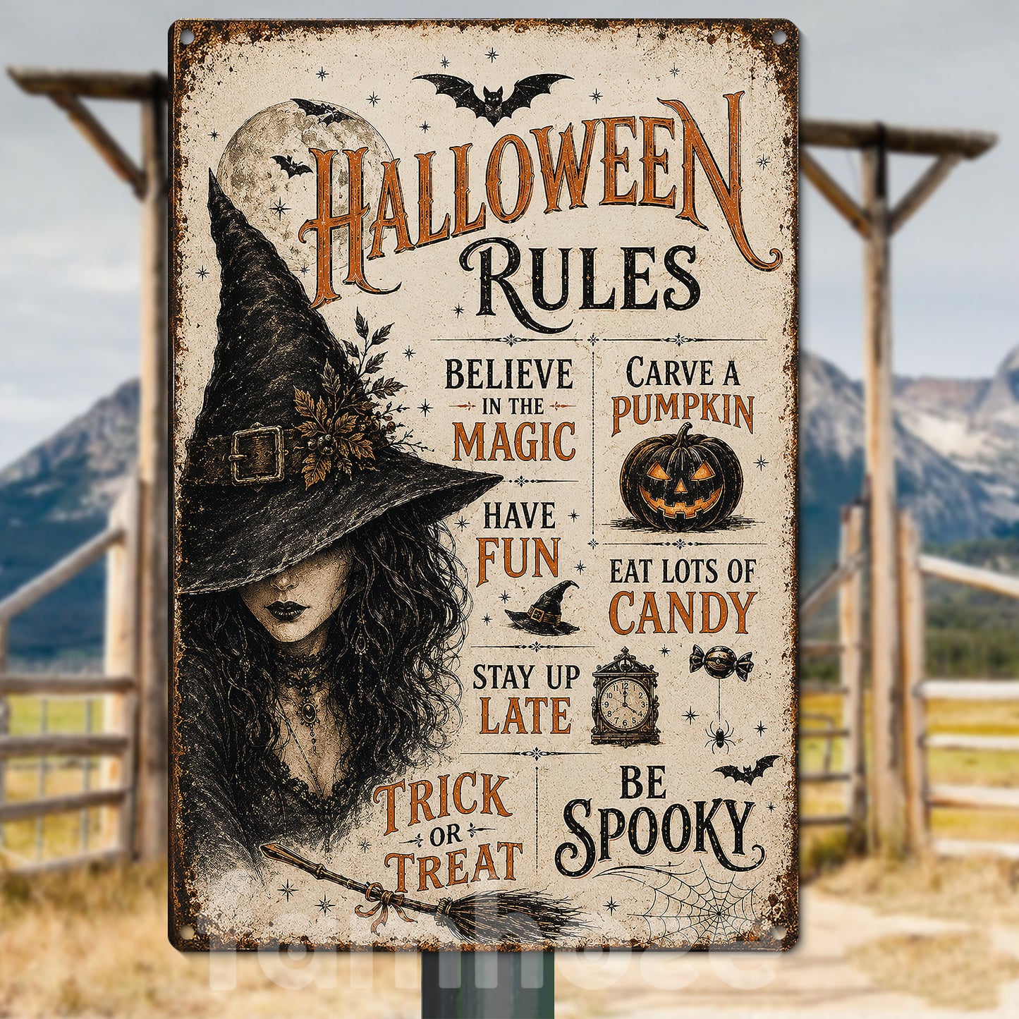 Halloween Rules Witch Metal Sign, Believe In The Magic Yard Sign, House Decor Spooky Season Gift For Witch Lover