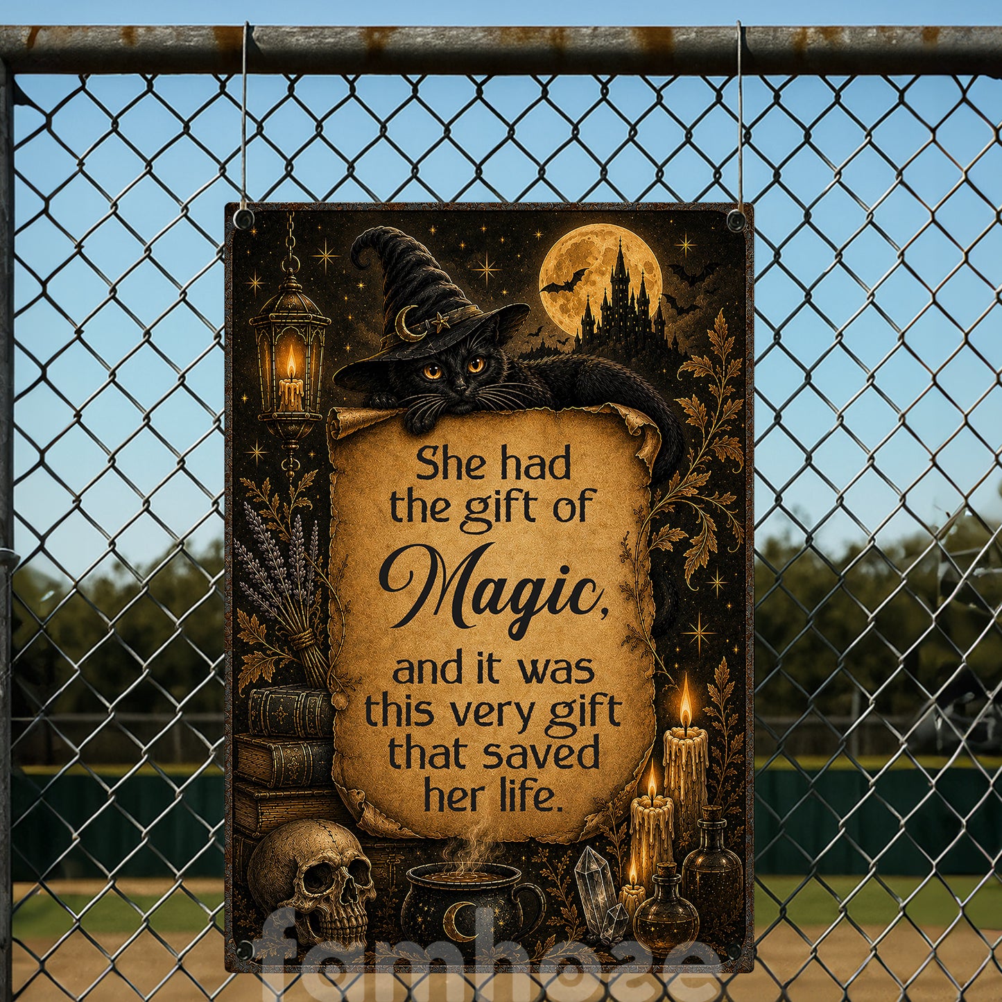 Halloween Witch & Black Cat Metal Sign, She Had The Gift Of Magic Yard Sign, House Decor Spooky Season Gift For Cat Lover