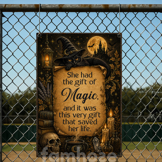 Halloween Witch & Black Cat Metal Sign, She Had The Gift Of Magic Yard Sign, House Decor Spooky Season Gift For Cat Lover
