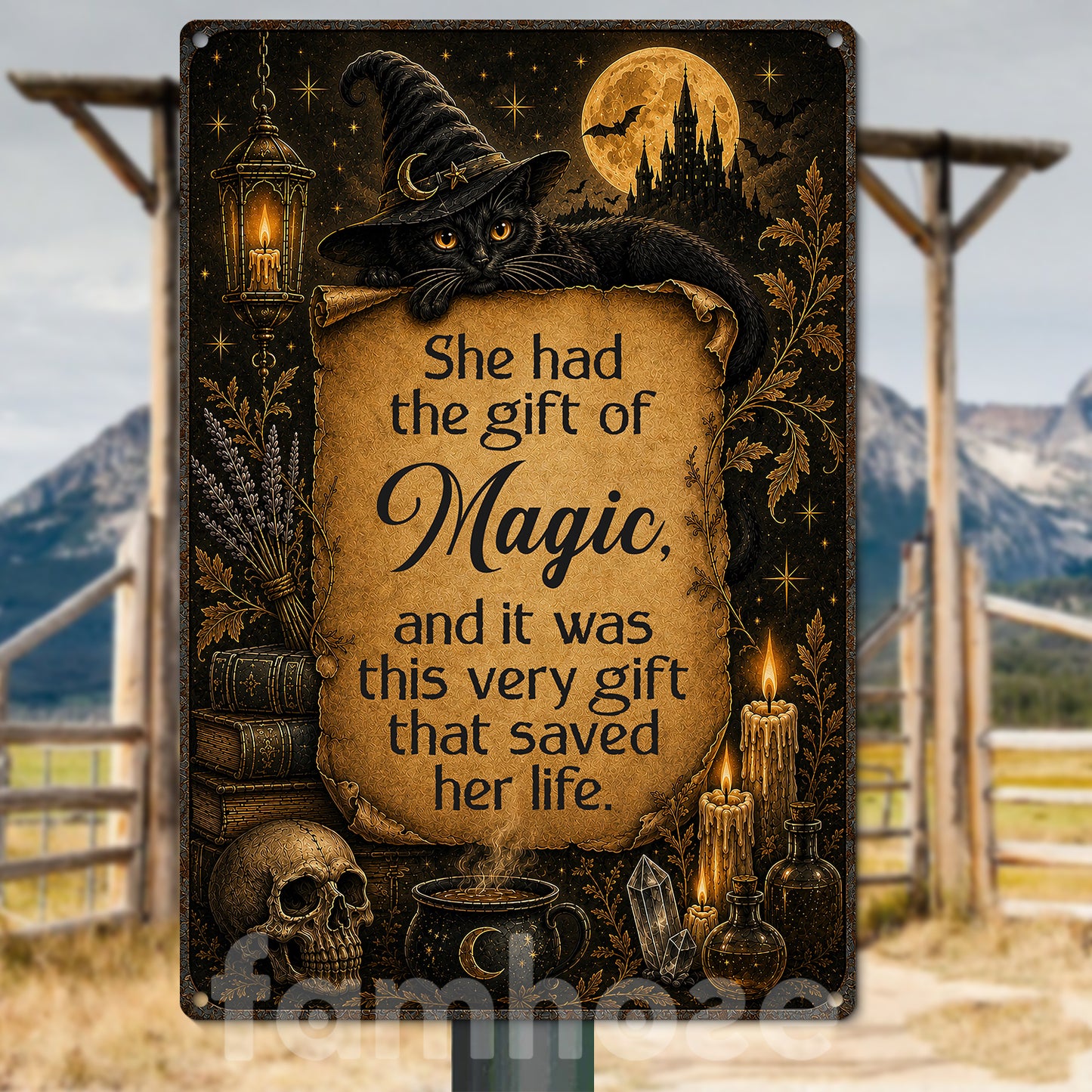 Halloween Witch & Black Cat Metal Sign, She Had The Gift Of Magic Yard Sign, House Decor Spooky Season Gift For Cat Lover