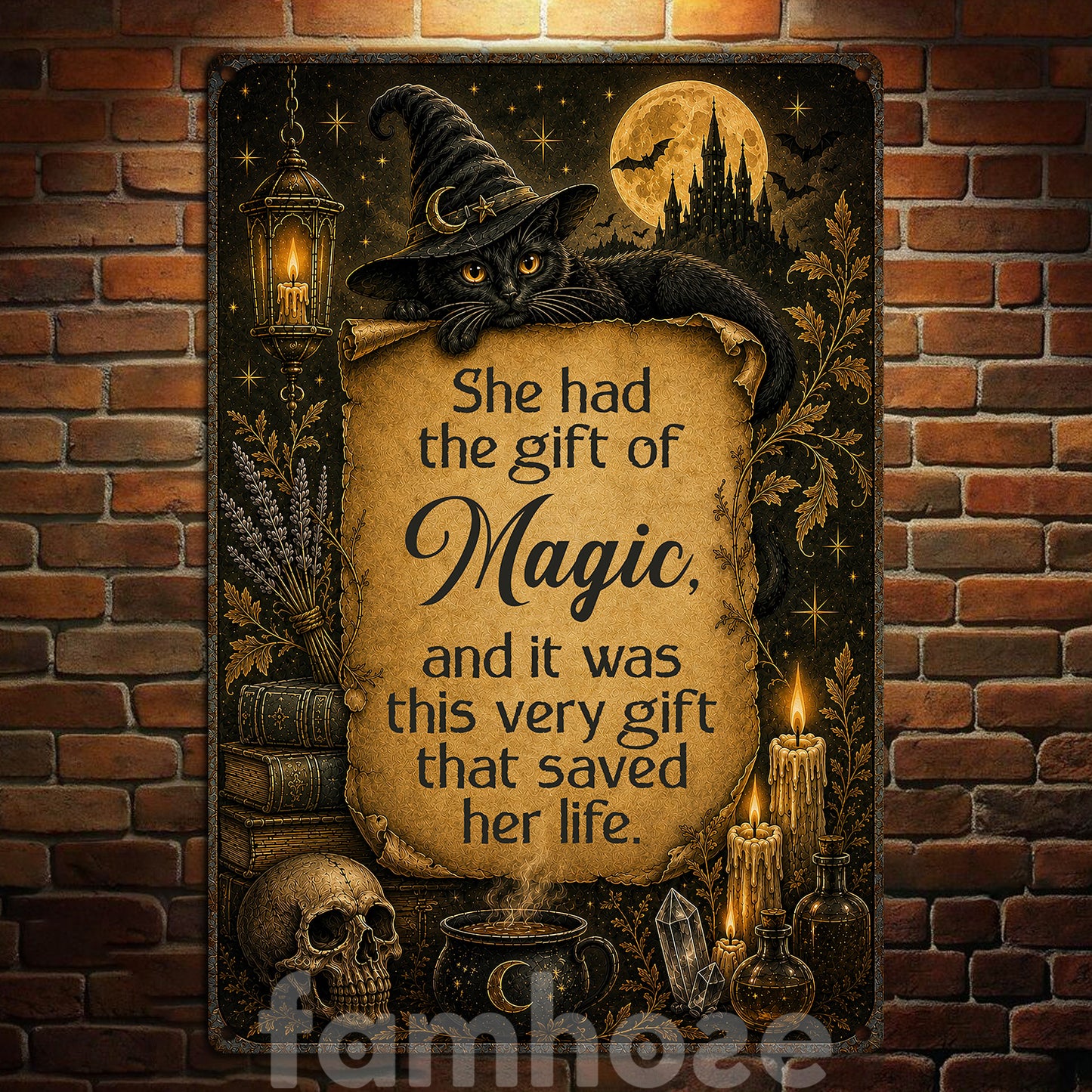 Halloween Witch & Black Cat Metal Sign, She Had The Gift Of Magic Yard Sign, House Decor Spooky Season Gift For Cat Lover