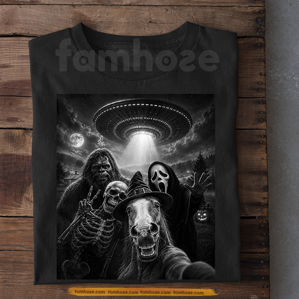Funny Halloween Horse T-shirt, Just A Horse Taking A Selfie With The Wrong Crowd Tees Spooky Season Gift For Horror Movies Fan, Horse Lover