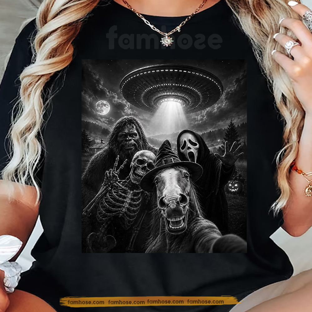 Funny Halloween Horse T-shirt, Just A Horse Taking A Selfie With The Wrong Crowd Tees Spooky Season Gift For Horror Movies Fan, Horse Lover