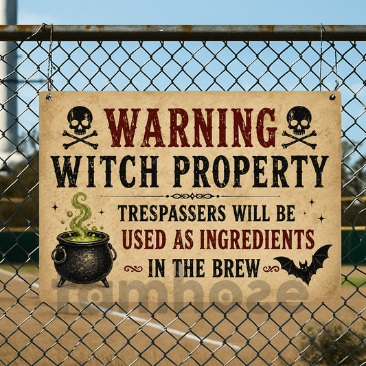 Vintage Halloween Warning Witch Property Metal Sign, Trespassers Become Ingredients Yard Sign, Spooky Season Field Decor Gift For Witch Lover