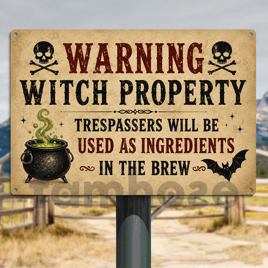 Vintage Halloween Warning Witch Property Metal Sign, Trespassers Become Ingredients Yard Sign, Spooky Season Field Decor Gift For Witch Lover