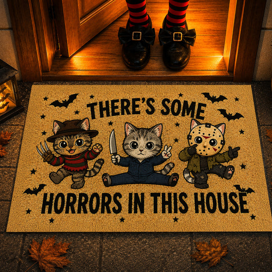 Funny Personalized Halloween Cat Doormat, There’s Some Horrors In This House Doormat For Home Decor Housewarming Spooky Season Gift For Horror Movie Fans, Cat Lover
