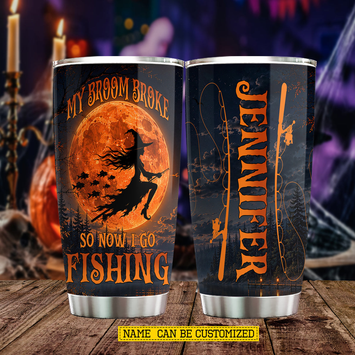 Personalized Halloween Fishing Witch Tumbler, My Broom Broke So Now I Go Fishing, Spooky Season Stainless Steel Tumbler, Travel Mug Tumblers Gift For Fishing Lover