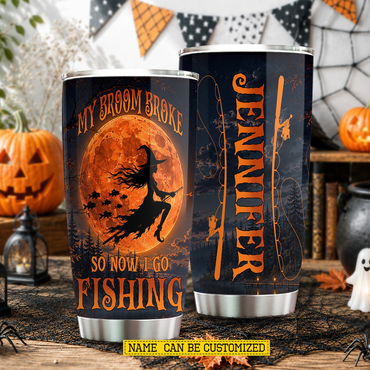 Personalized Halloween Fishing Witch Tumbler, My Broom Broke So Now I Go Fishing, Spooky Season Stainless Steel Tumbler, Travel Mug Tumblers Gift For Fishing Lover
