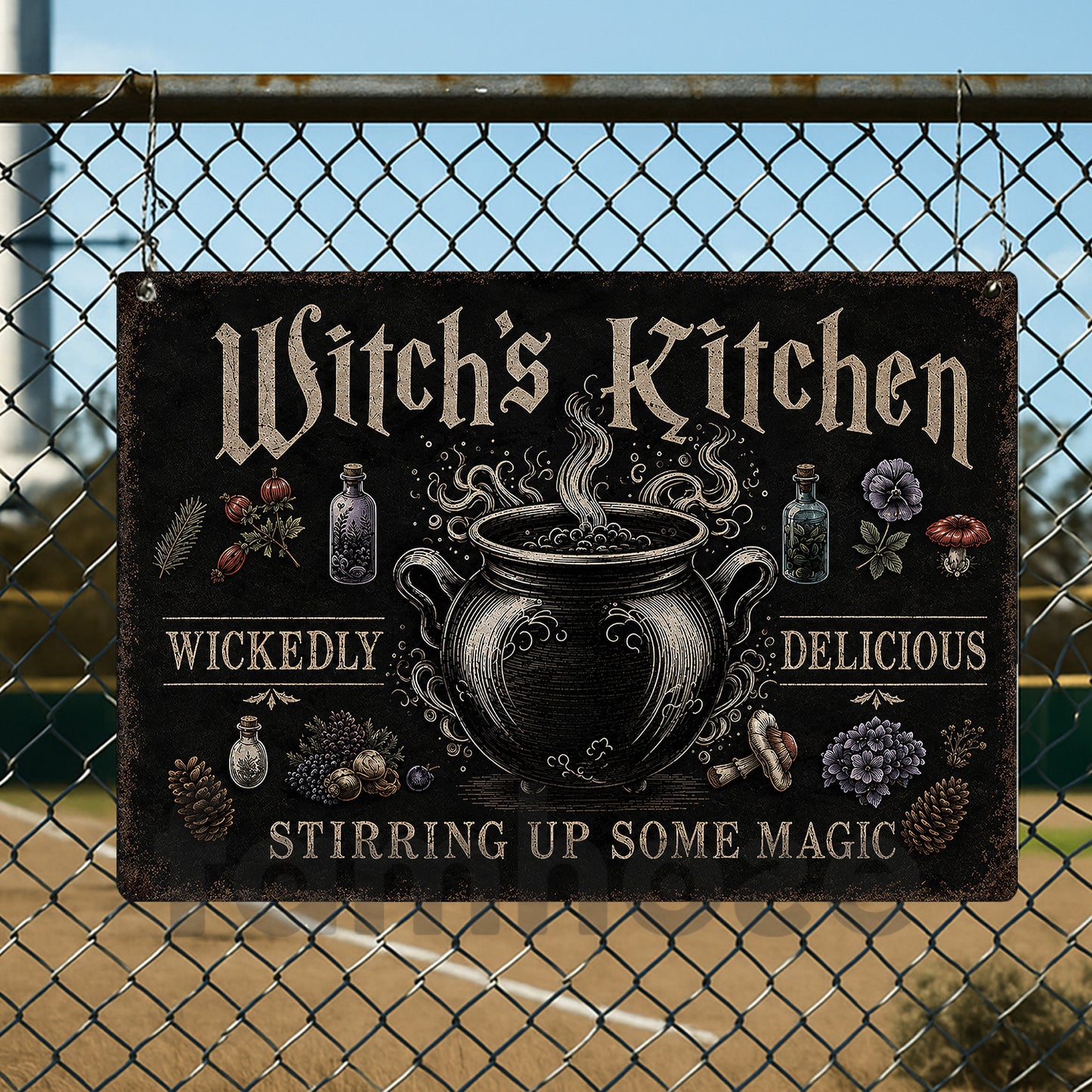 Halloween Witch’s Kitchen Metal Sign, Stirring Up Some Magic Yard Sign, Spooky Season Field Decor Gift For Witch Lover