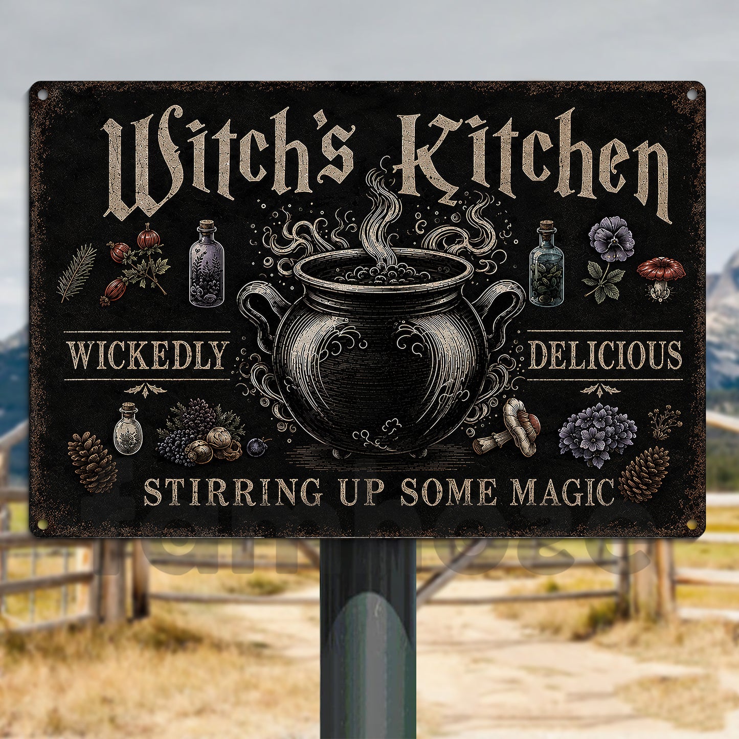 Halloween Witch’s Kitchen Metal Sign, Stirring Up Some Magic Yard Sign, Spooky Season Field Decor Gift For Witch Lover