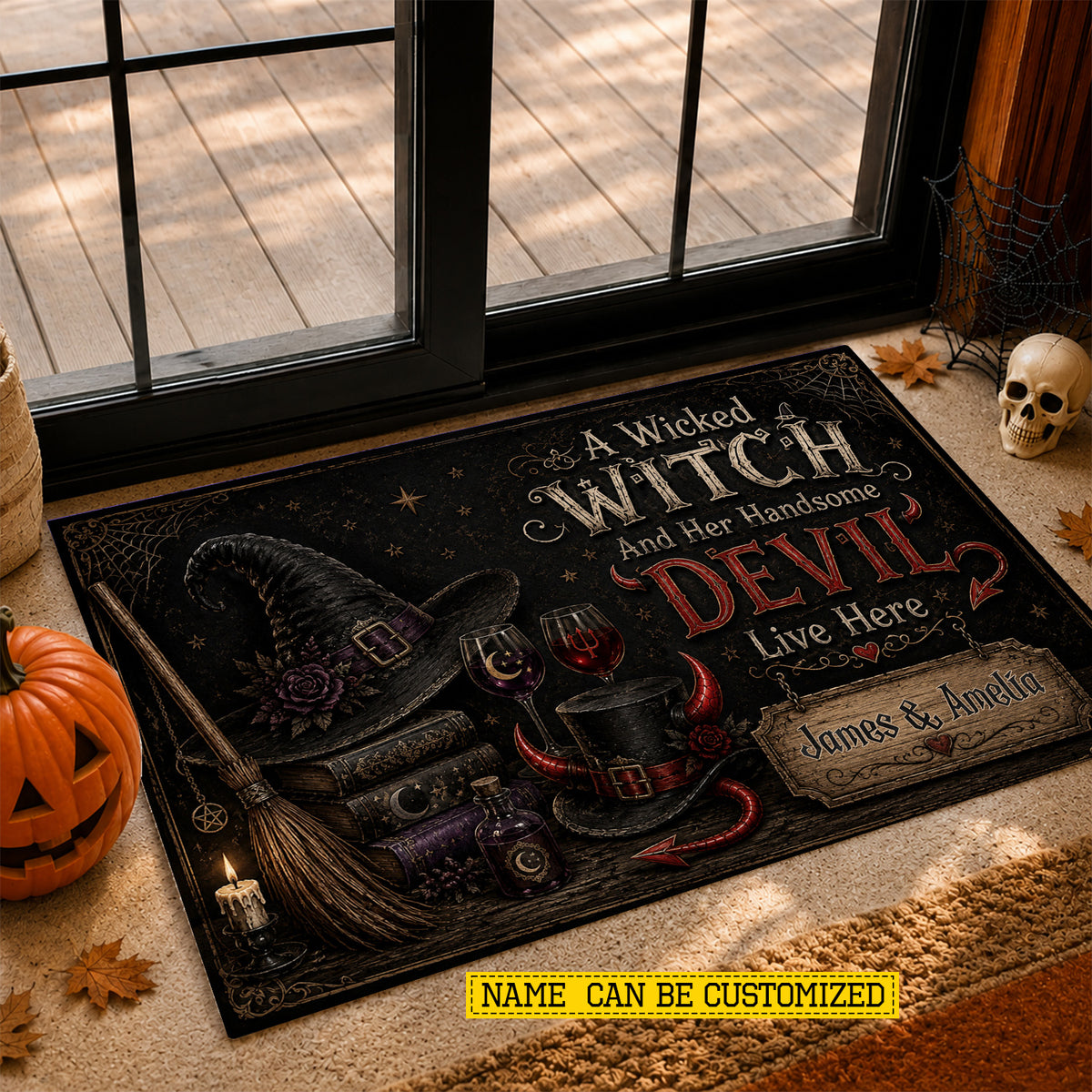 Personalized Halloween Couple Doormat, A Wicked Witch And Her Handsome Devil Doormat For Home Decor Housewarming Spooky Season Gift For Couple