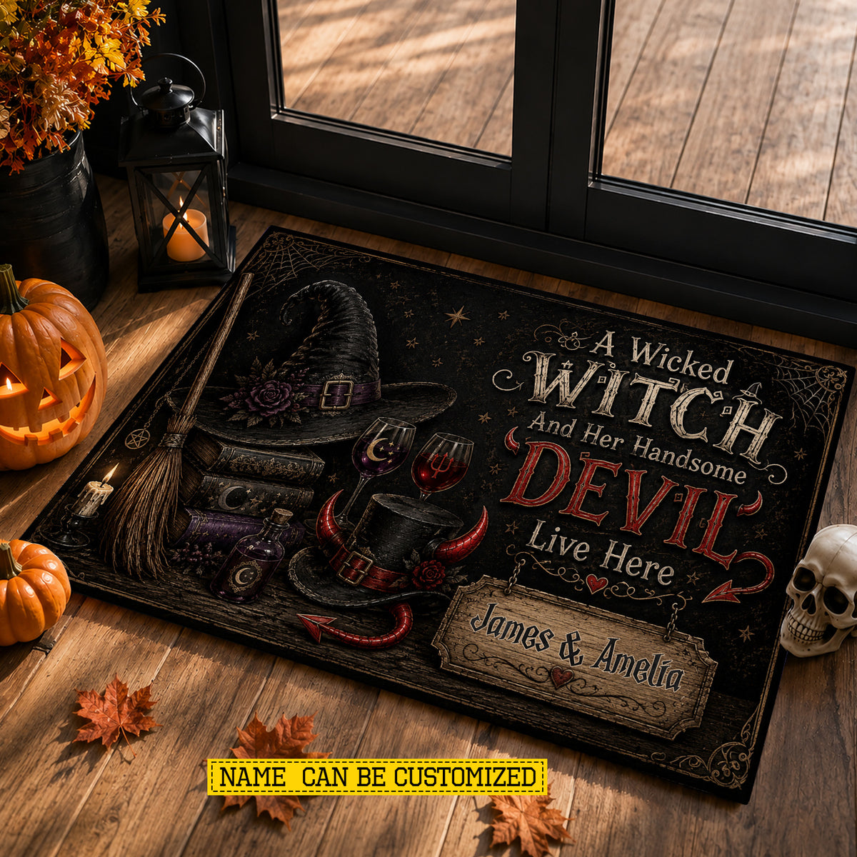 Personalized Halloween Couple Doormat, A Wicked Witch And Her Handsome Devil Doormat For Home Decor Housewarming Spooky Season Gift For Couple