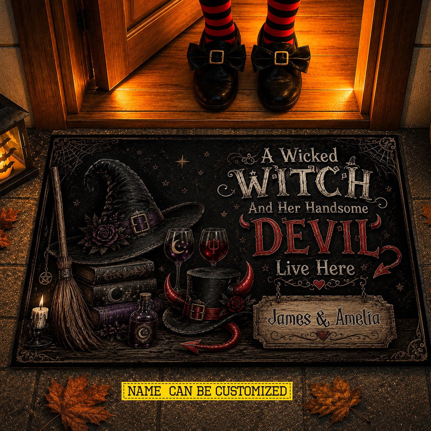 Personalized Halloween Couple Doormat, A Wicked Witch And Her Handsome Devil Doormat For Home Decor Housewarming Spooky Season Gift For Couple