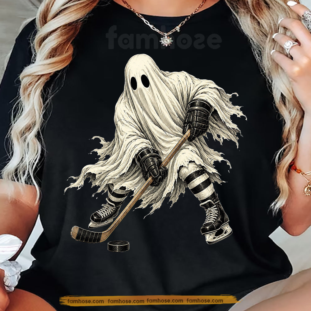 Halloween Hockey Ghost T-shirt, Hat Trick or Treat Sport Tees Spooky Season Gift For Hockey Lover