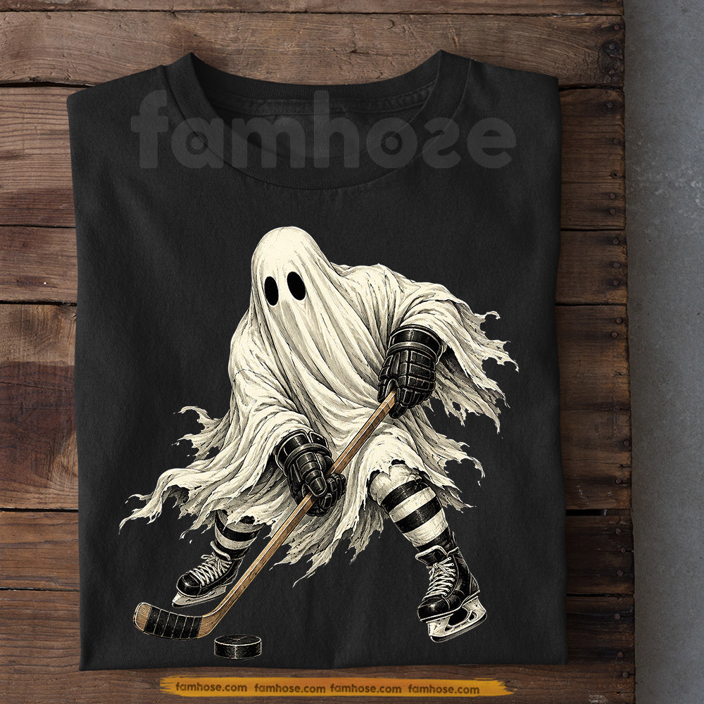 Halloween Hockey Ghost T-shirt, Hat Trick or Treat Sport Tees Spooky Season Gift For Hockey Lover