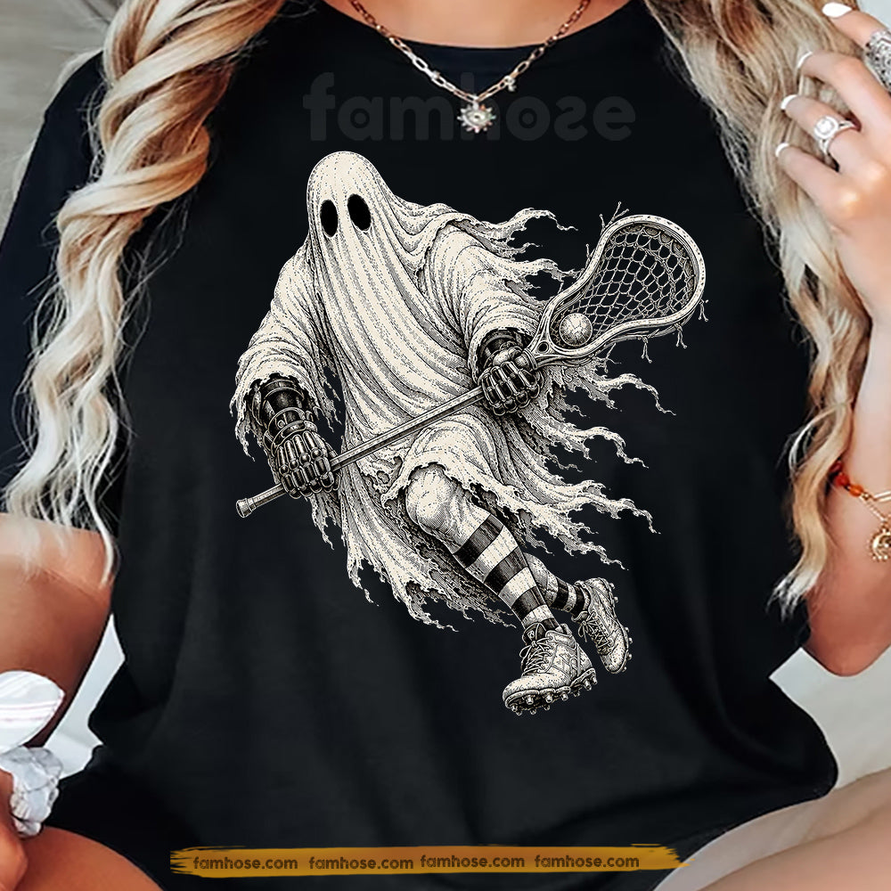 Halloween Ghost Lacrosse T-Shirt, Boo With A Stick Tees Spooky Season Gift For Lacrosse Lover